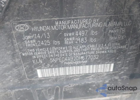 2013 Hyundai Sonata Limited 2.0T z USA, uszkodzony, nr VIN 5NPEC4AB2DH677032